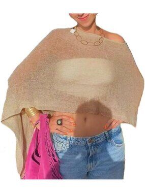 Women's Light Brown Sheer Poncho Top Knit Crochet Lightweight See Through Shawl
